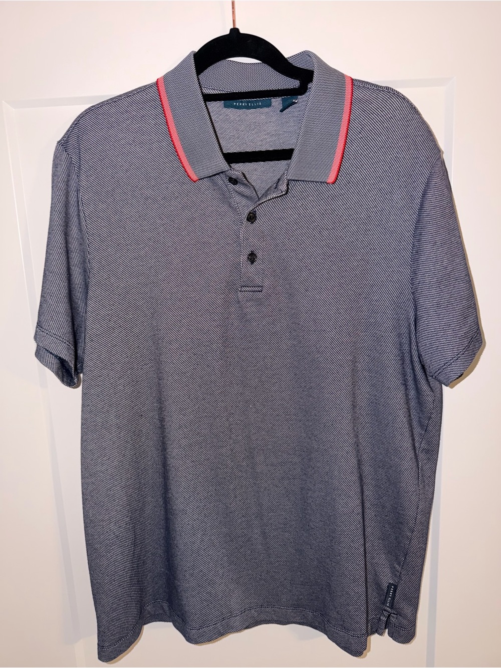 Perry Ellis Men’s Performance Polo – Gray Microprint w/ Coral Trim |  Large